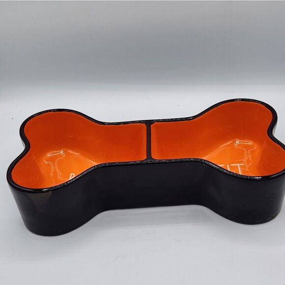 Rae Dunn BONE APPETIT black and orange bone shape Halloween dog dish - Picture 3 of 4